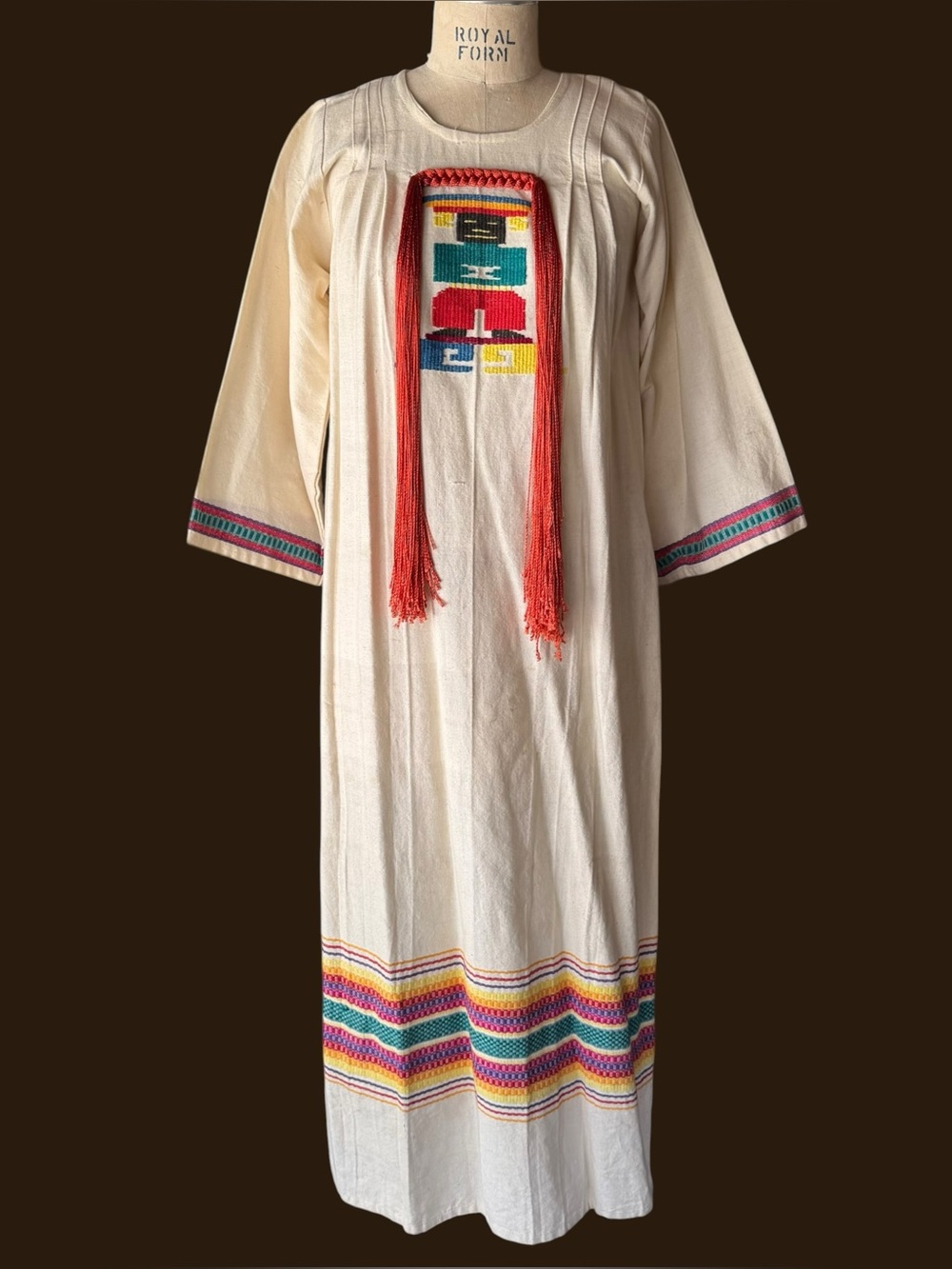 Vintage 70s Mayan Warrior Handwoven Folk Kaftan Maxi Dress